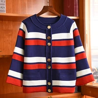 new 2022 autumn winter cardigan jackets high quality striped knitting 34 sleeve casual soft knitwear ladies tops coat outwear