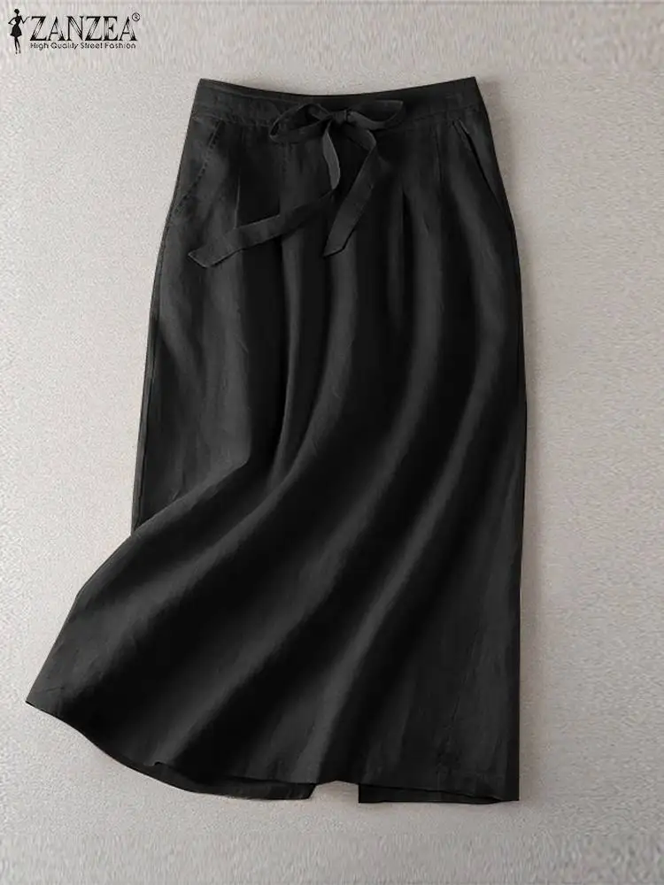 

2023 ZANZEA Женская винтажная офисная юбка, летние повседневные хлопковые однотонные юбки, женская мода, платье с эластичной талией, оверсайз