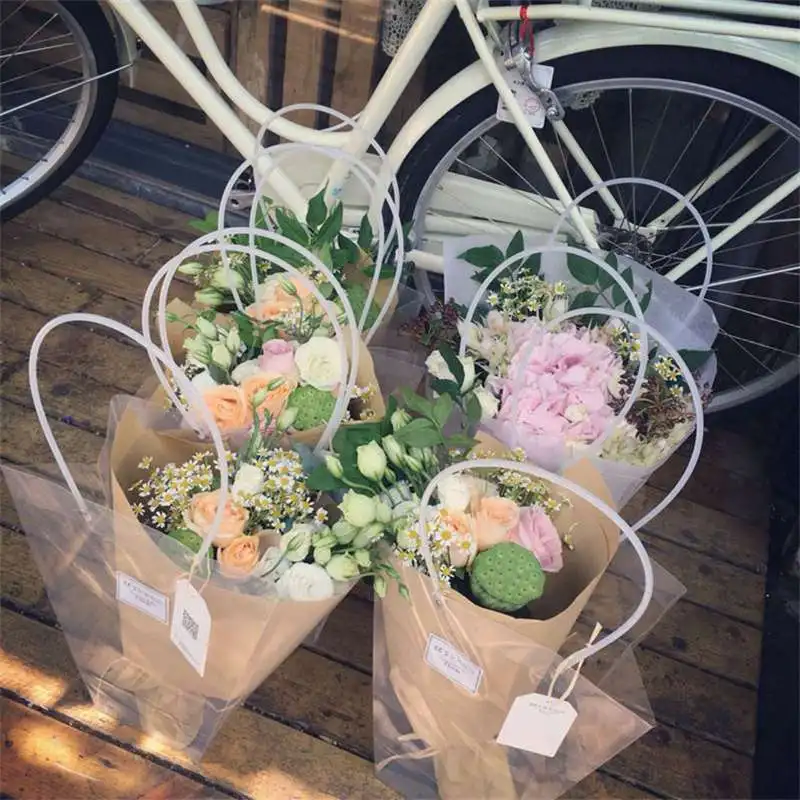 

PP Transparent Flower Handbag Gift Packaging Bag Rose Potted Plastic Bag Trapezoid Long Handle