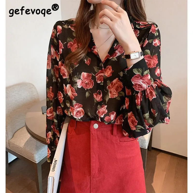 Floral Printed Shirts Women's Spring Summer New Vintage Loose Casual Tops Ladies Long-sleeve Turndown Collar Chiffon 4XL Blouse