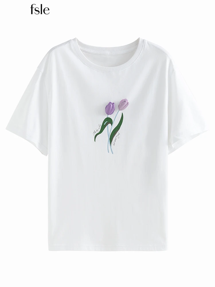 

FSLE 2022 Summer New Cotton Short Sleeve Women's T-shirt Свободный Трехмерный тюльпан Печать Простой Комфортный Female Tees