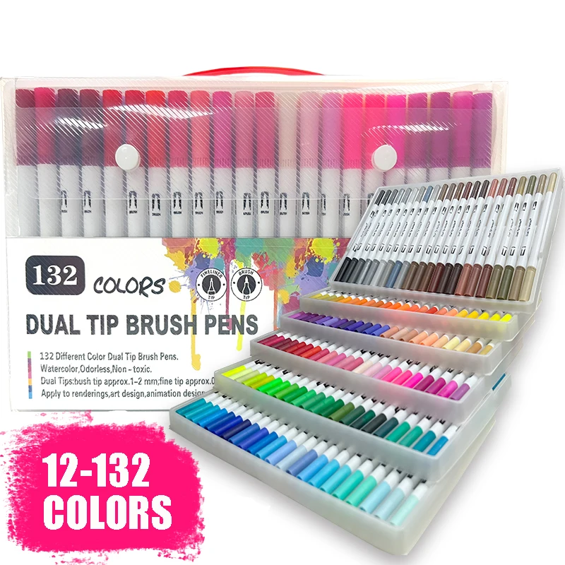 

12-132Colors Brush Pen Set Calligraphy Lettering Marker Dual Tip Highlighter For Lettering Painting Art Supplies
