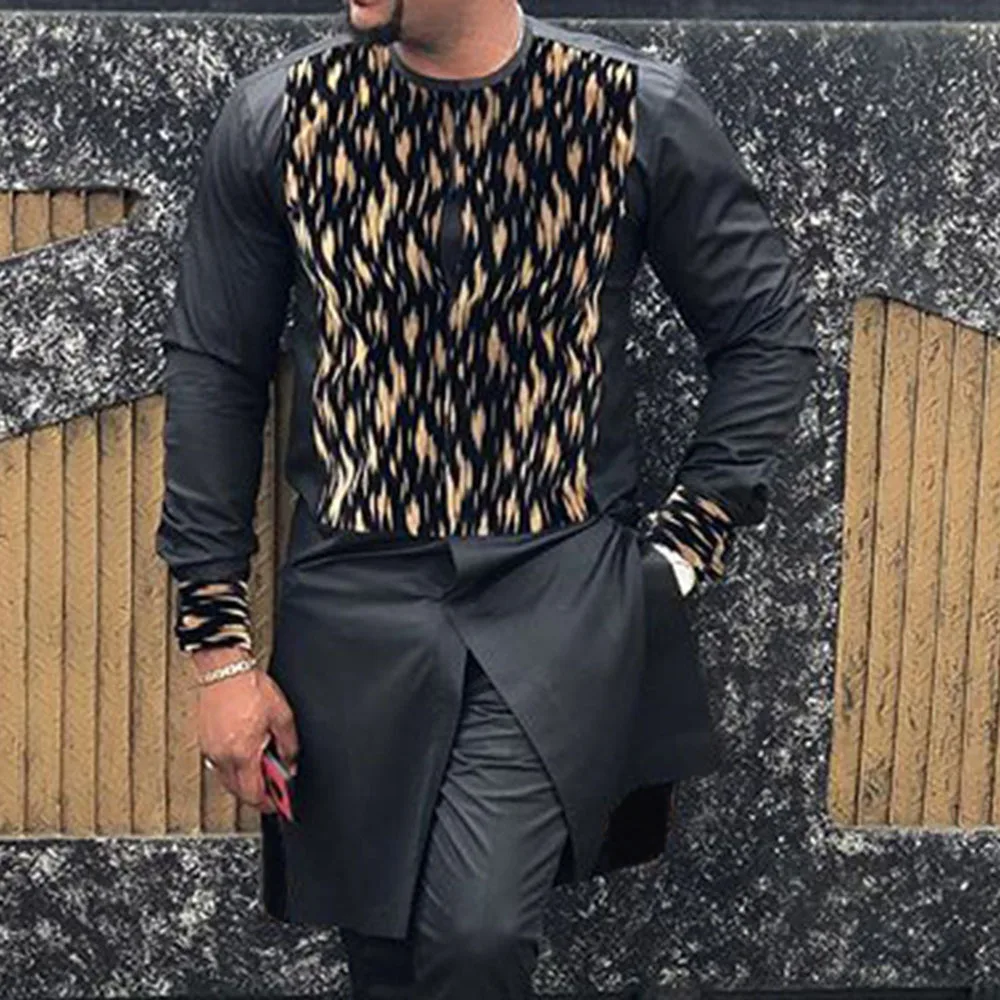 Dashiki Men's Long Sleeve Printed Shirt African Ethnic Black Crewneck Tops Casual Tees Wedding Banquet Smart T-shirts O-neck