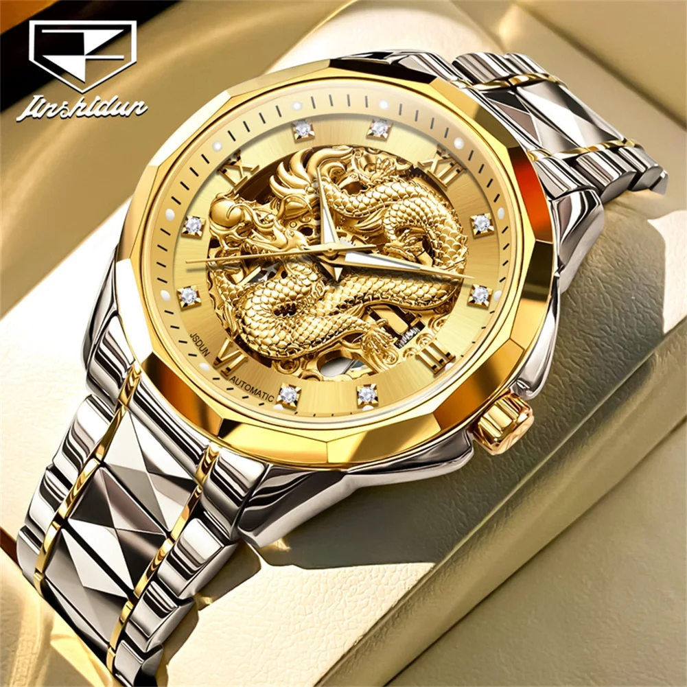 Фото Мужские наручные часы JINSHIDUN 8840 Dragon Watch, роскошные, с ажурным циферблатом, бриллиантовой инкрустацией, HD-подсветкой, водонепроницаемые, автоматические, механические. №3