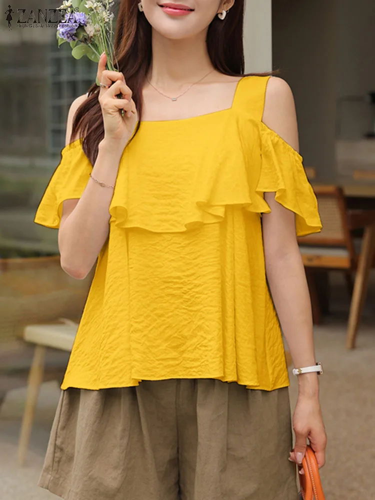 

ZANZEA Fashion Cold Shoulder Blouse Women 2023 Summer Ruffles Sleeve Solid Color Streetwear Blusas Casual Square Neck Tunic Tops