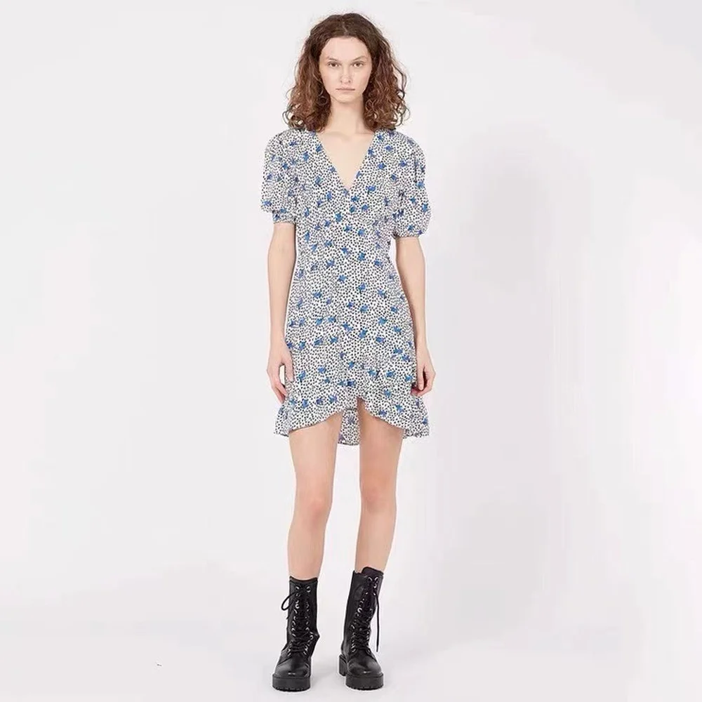

V-neck Bubble Sleeve Print Dress 2022 Summer New Temperament Commuter Sexy Slim Slim Thin Ruffle Female Dress Free Shipping