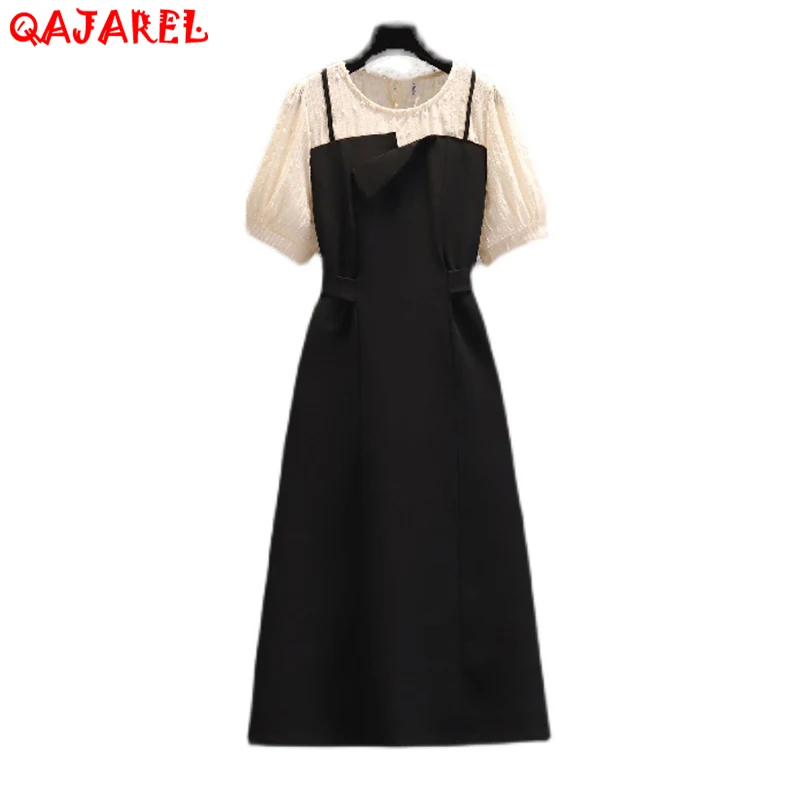 

Women Black Patchwork Chiffon Midi Dress Summer Short Sleeve Elegant Office Lady Dress 2022 Korean Vintage Hepburn Casual Dress