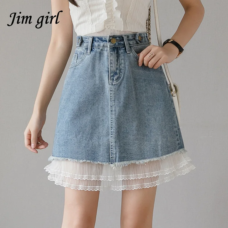

Plus Size High Waist Denim Stitching Tull Skirt Women Summer Vintage Lace Irregular A-line Long Skirt Casual Package Hip Jeans