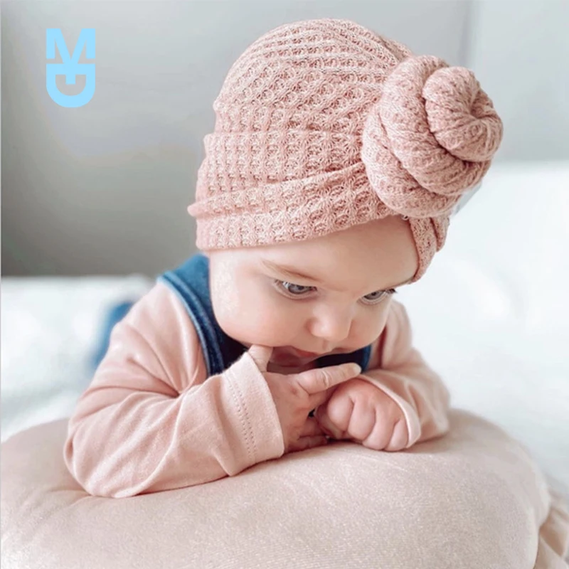 

New Solid Baby Beanie Knot Waffle Crochet Knit Baby Girl Turban Hat Spring Autumn Soft Warm Infant Toddler Cap Bows Hat Headwrap