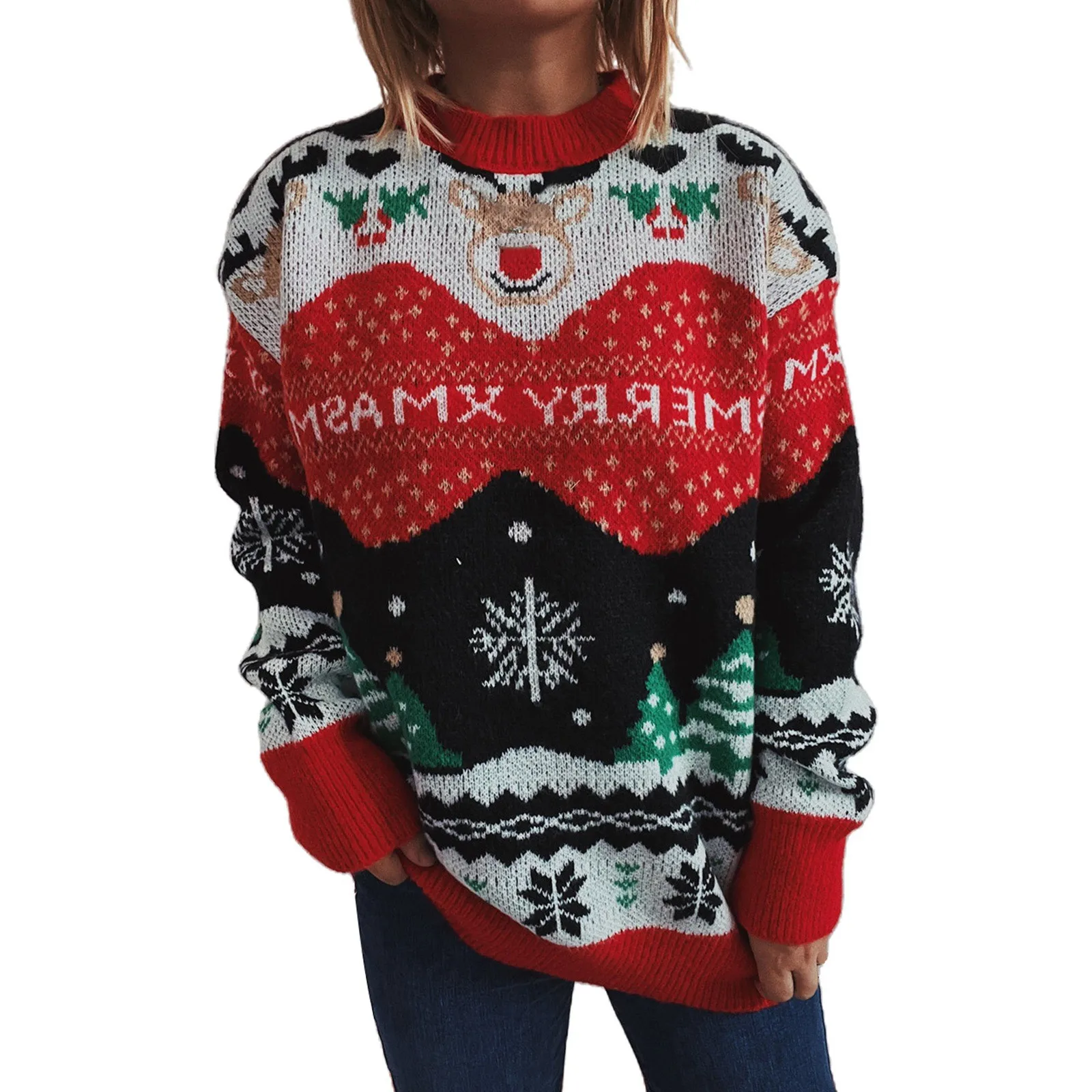 

Women's Fashion Christmas Sweater Autumn And Winter Deer Snowflake Round Neck Long Sleeve Pullover Knitted top Knit Women Tops