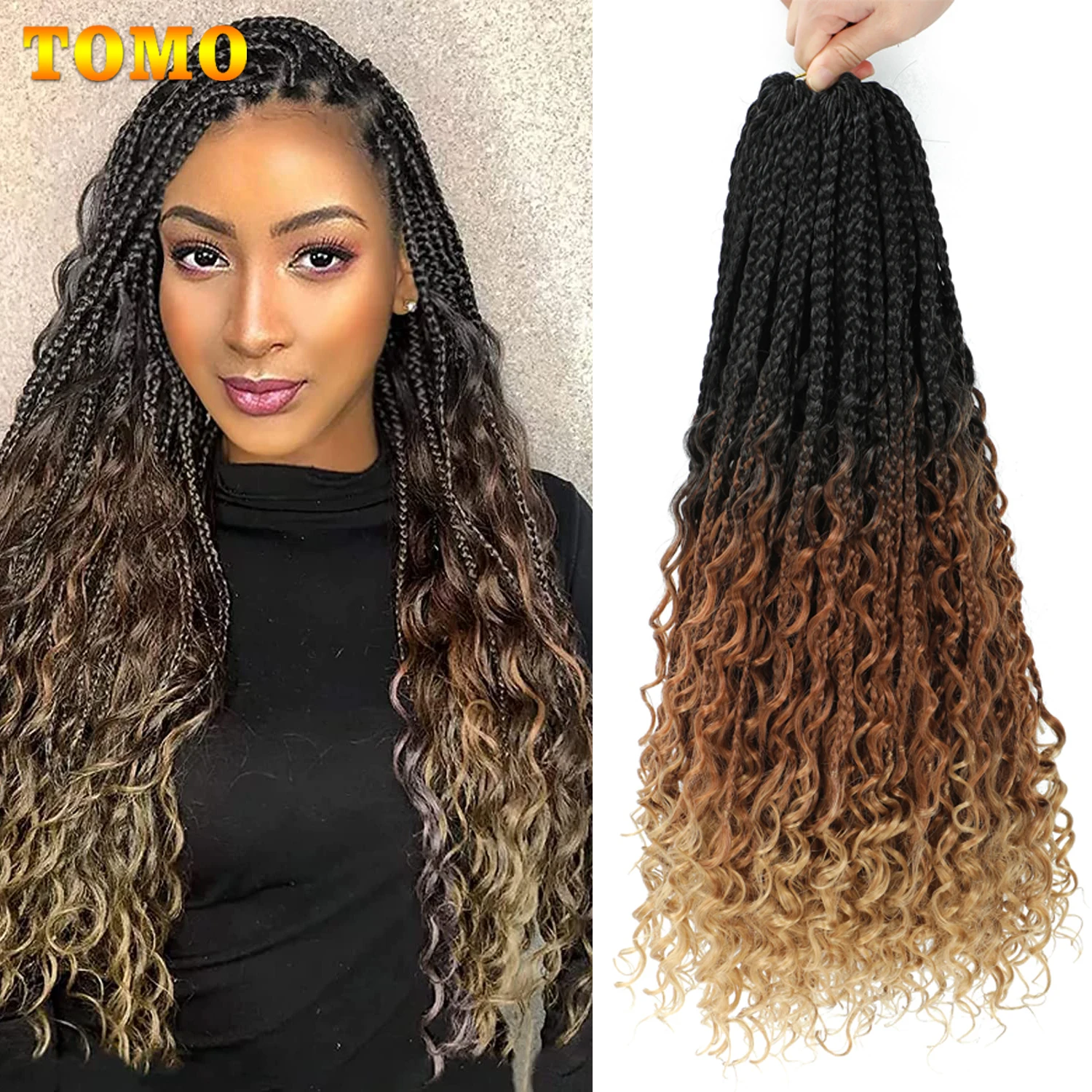 TOMO 14 18Inch Goddess Box Braids Crochet Hair With Curly Ends Synthetic Boho Box Braids Crochet Hair Extensions For Black Women