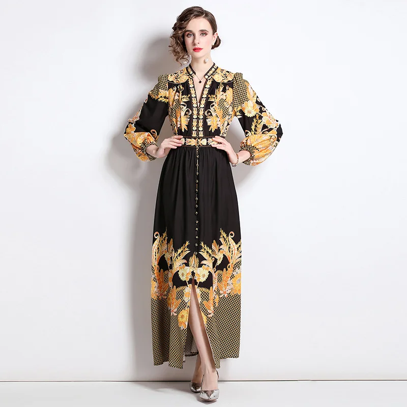 

Vintage Print V-neck Puff Sleeve Dresses High Waist Elegant Casual Women Dress Ankle-Length Autumn Vestidos De Verano Mujer 2022