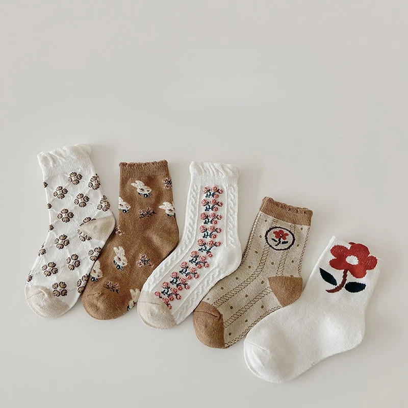5 Pairs/lot Children's Socks Floral Autumn Spring Boy Anti Slip Newborn Baby Socks Cotton Infant Socks for Girls Boys Floor Sock
