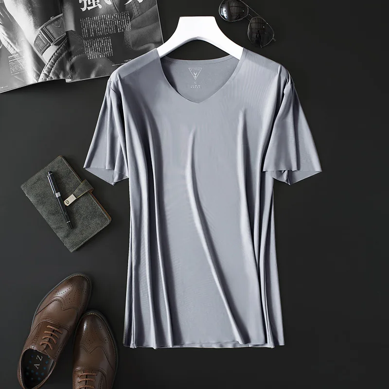 

Мужская Тонкая Однотонная футболка без швов, облегающая Однотонная футболка из вискозы с короткими рукавами и V-образным вырезом, лето 2021