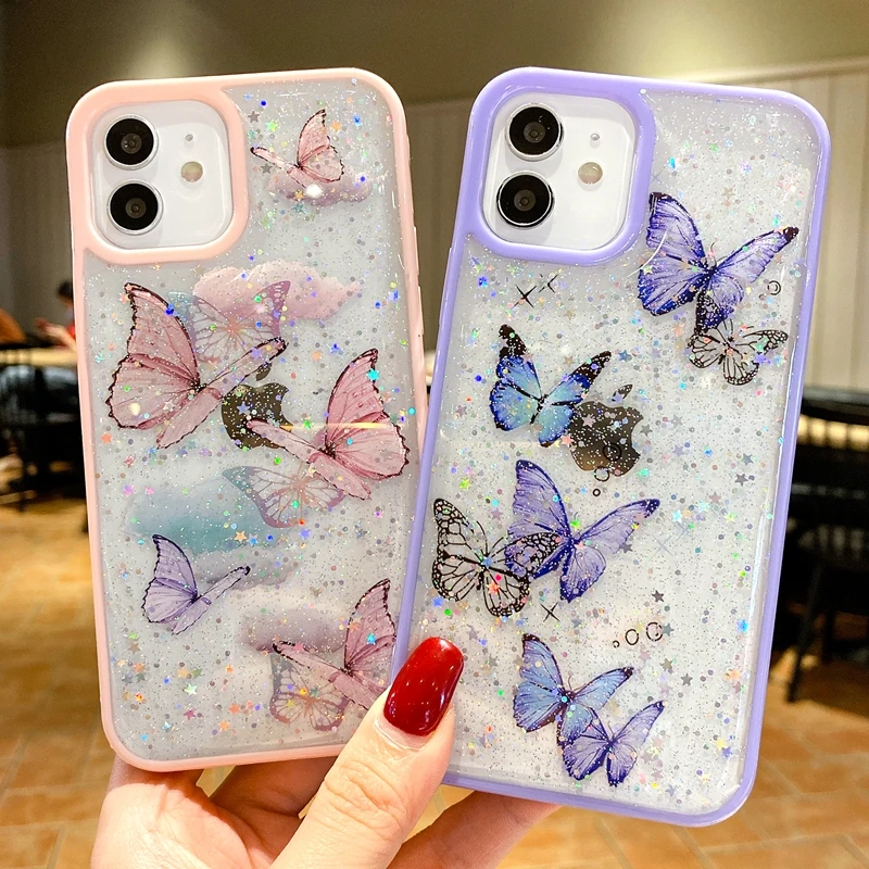 

Luxury Glitter butterfly Transparent Phone Case For iPhone 11 12 Pro Max XS X XR 7 8 6 6S Plus SE 2020 Mini Bumper Back Cover