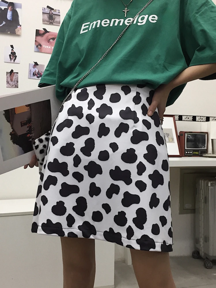 

HOUZHOU Harajuku Cow Print Skirt Women Korean Fashion Elastic High Waist A-Line Mini Skirts Aesthetic Egirl Streetwear Summer