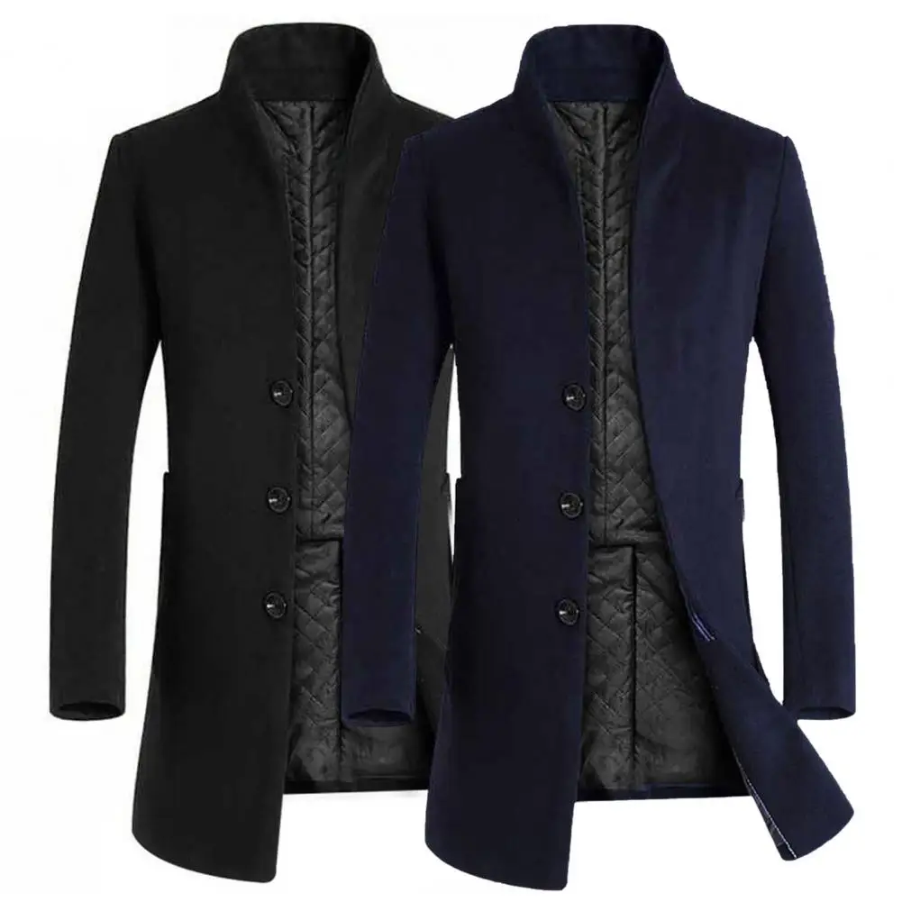 

Men Coat Solid Color Stand Collar Long Sleeve Single-breasted Stand Collar Thick Winter Jacket for Work Male Clothing
