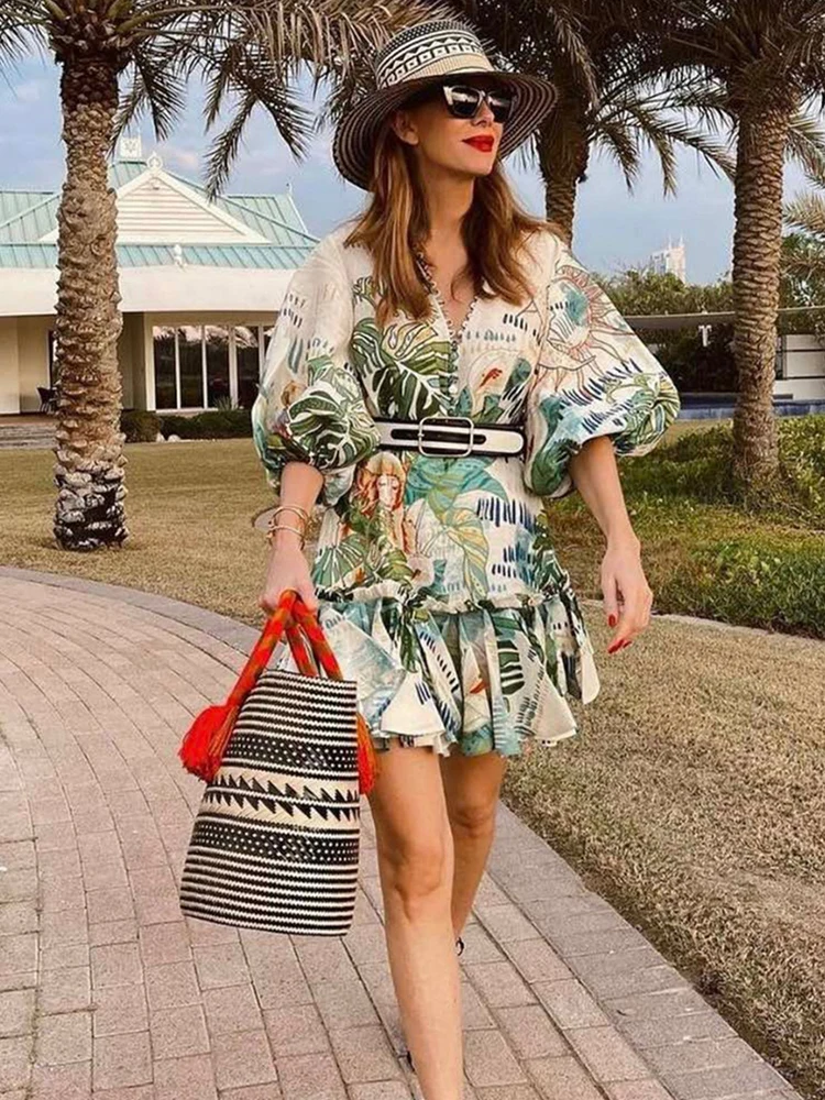 

Женское однобортное платье с завышенной талией, свободное дизайнерское платье с винтажным принтом, юбка-пачка для отпуска с завязкой, лето