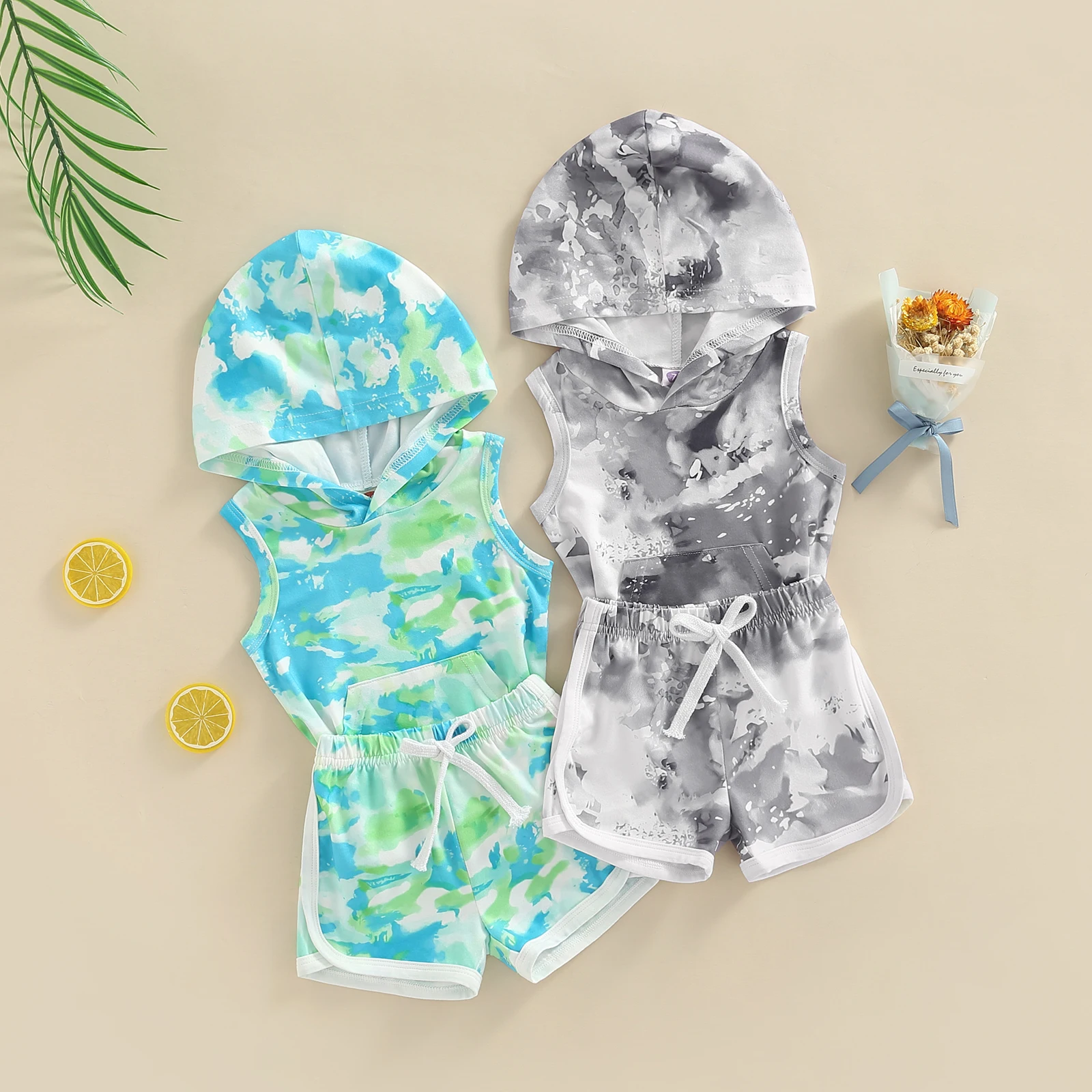 

Summer Baby Clothing Set Boys Tie-dye Print Sleeveless Hooded Vest with Elastic Waist Shorts Toddler Outfit Clothes