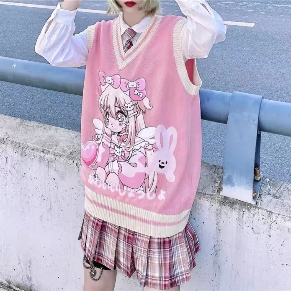 

2022 Preppy Loose Sweater Casual Waistcoat Kawaii Y2K Pink Vest Women Fall Clothing Cartoon Print Cute Knit Pullovers Tops Mujer