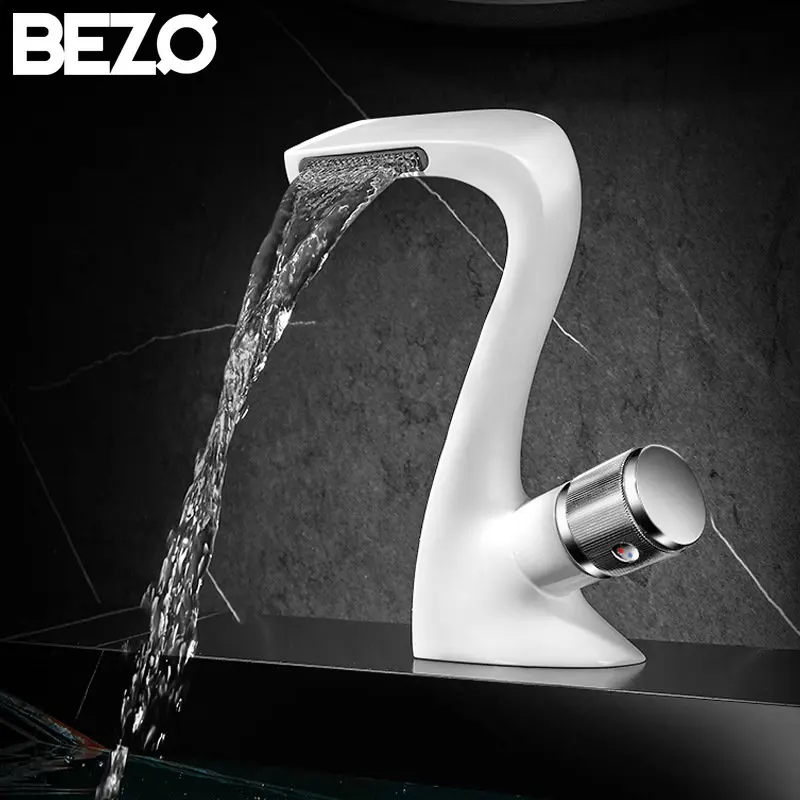 

BEZO Basin Faucet White Curve Single Handle Wash Basin Sink Bathroom Faucet Hot And Cold Water Mixer Tap Deck-mounted Crane