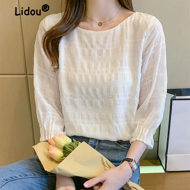 

Casual Solid Loose White T-shirt Women New Classic 3/4 Sleeve O-collar Fashion Temperament All-match Lady Pullover Shirt 2022