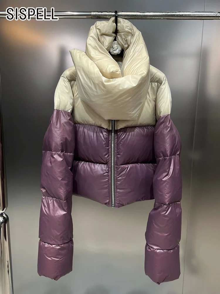 

SISPELL Hit Color Winter Coats For Women Stand Collar Puff Sleeve Patchwork Zippper Temperament Parkas Female Fashion Clothing