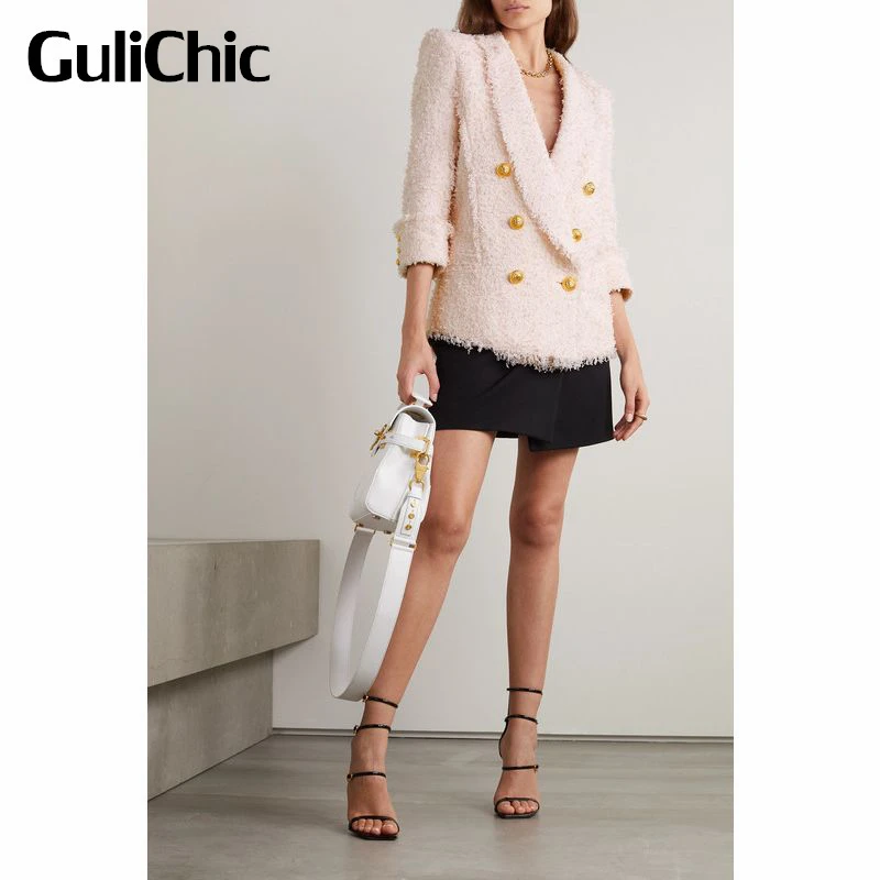 

12.30 GuliChic Women Fashion Casual Double Breasted Shoulder Pads Notched Collar Tweed Blazer