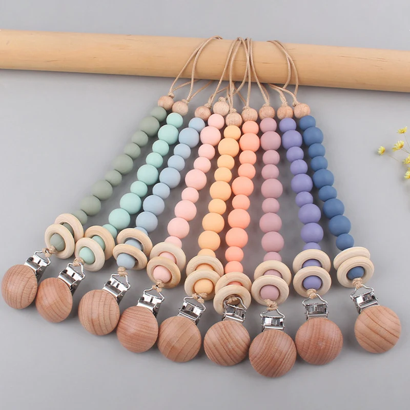 

Baby Pacifier Clips Silicone Beads Wooden Ring Dummy Chain Newborn Gift Teether Soother Chain Nipple Holder Baby Stuff Accessory
