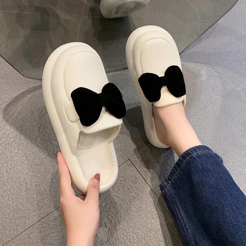 

2023 New Summer Flat Slippers Women Genuine Leather Black White Flops Thick Sole Mules Casual Comfort Bowknot Slides Woman 41