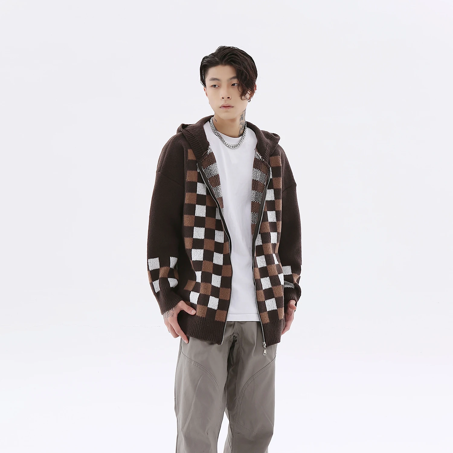 

Autumn and Winter Plaid Hooded Sweaters Harajuku Streetwear Mens Womens Oversized Checkered Patchwork Cardigan Sweater Outwear
