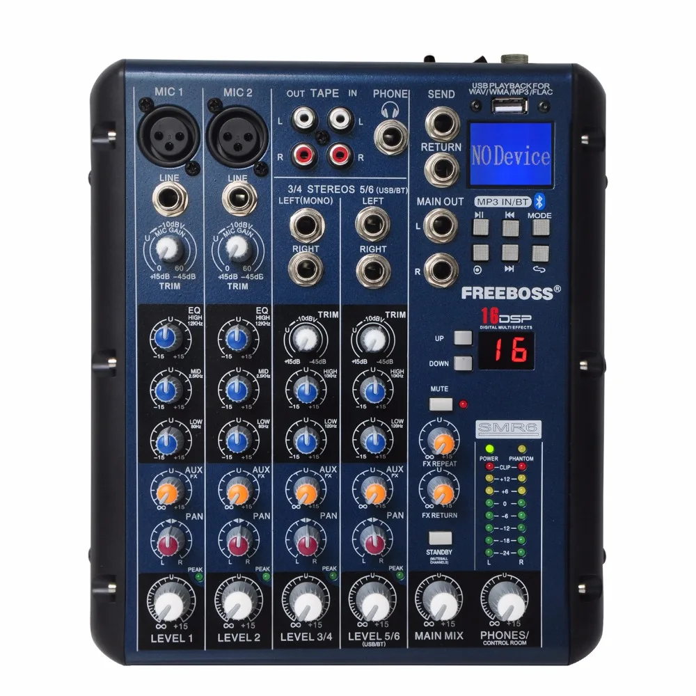 

Freeboss SMR6 Bluetooth USB Record 2 Mono + 2 stereo 6 Channels 3 Band EQ 16 DSP Effect USB Professional Audio Mixer