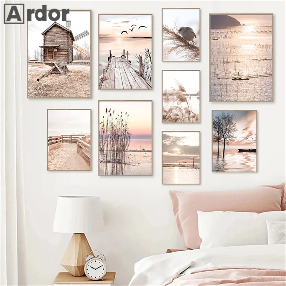 

Canoe Windmill Poster Sunrise Beige Landscape Wall Art Print Birds Reed Canvas Painting Nordic Wall Pictures Living Room Decor