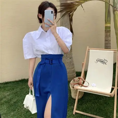 

Women 2022 Summer Fashion Two-piece Sets Female Short Sleeve Buttons Shirts + High Waist Slim Split Skirts Ladies Suits S134