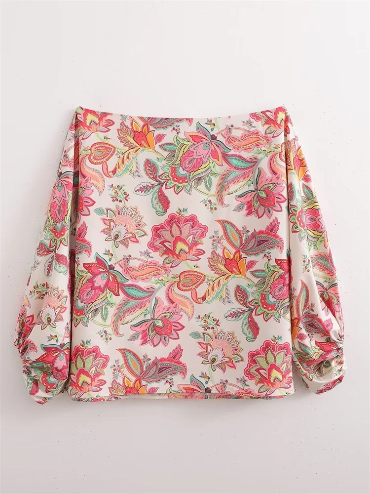 

TRAF Women 2022 Fashion Floral Print Off The Shoulder Shirt Vintage Long Sleeve Female Pullover Shirts Blusas Streetwear