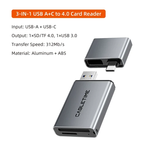 CABLETIME 3 в 1 устройство чтения карт USB 4, 0 5 Гбит/с USB A и USB C 312 МБ/с портативные карты SD/TF из алюминиевого сплава для iPhone iPad