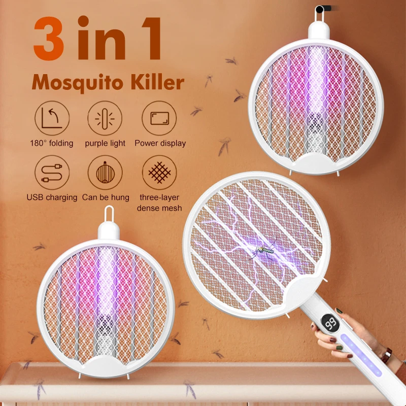 

3 IN1 Electric Mosquito Swatter 3000V USB Rechargeable Kill Fly Bug Zapper Rotary Folding Mute Insect Trap Radiationless Trap
