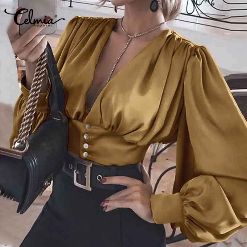 

Celmia Женская атласная короткая блузка 2022, элегантные туники с пышными длинными рукавами, пикантные рубашки с V-образным вырезом и талией, пов...