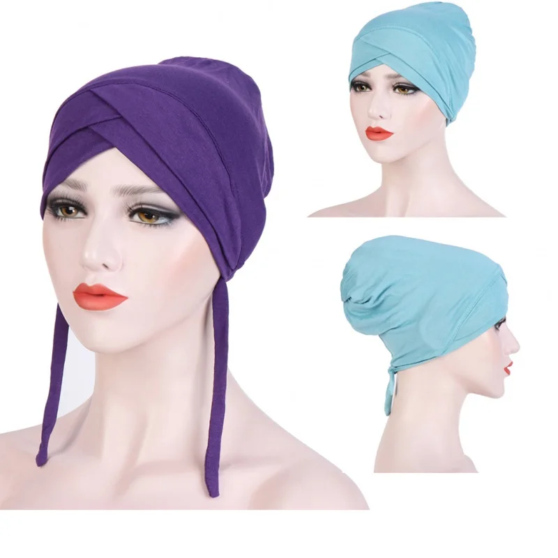 

Cross-Border Elastic Fabric Mercerized Cotton Lace-up Forehead Cross Indian Hat Can Hide Hair Tam-O'-Shanter Muslim Bottoming Ho