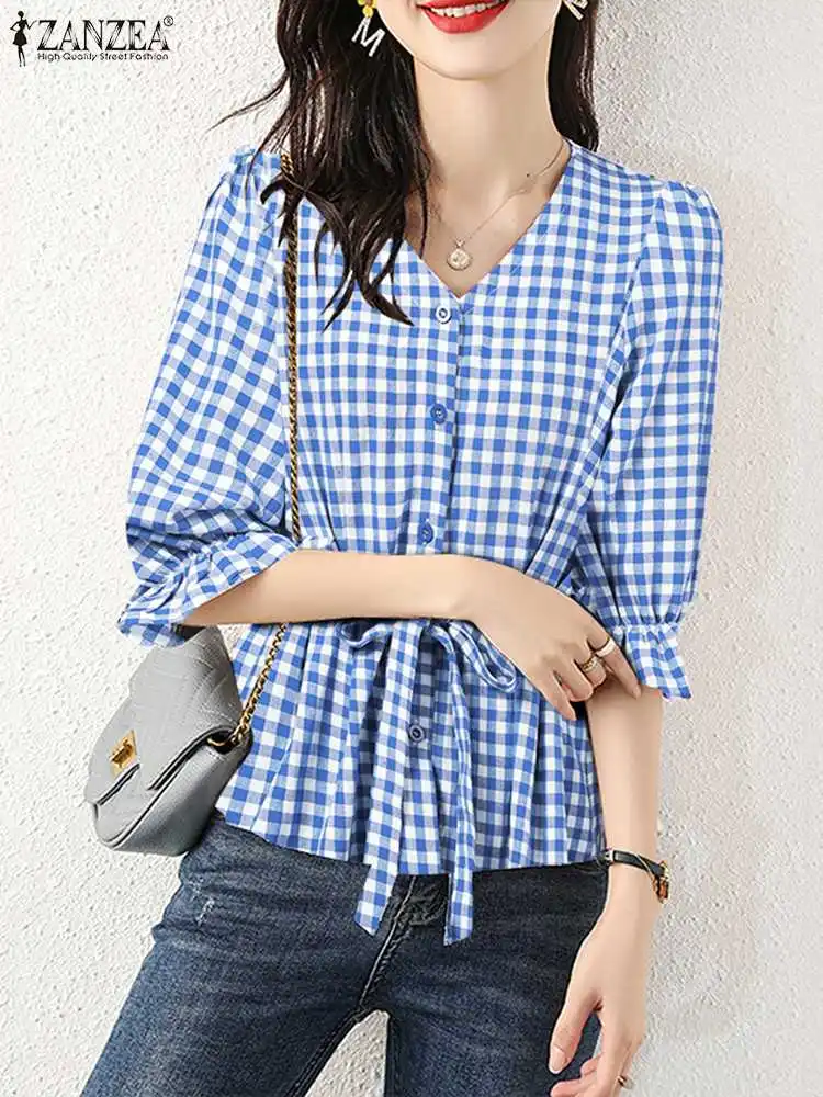 

Vintage Plaid Checked Blouse Summer Half Sleeve Shirt Women V Neck Ruffles Tops ZANZEA Causal Loose Lace Up Work Blusas Chemise