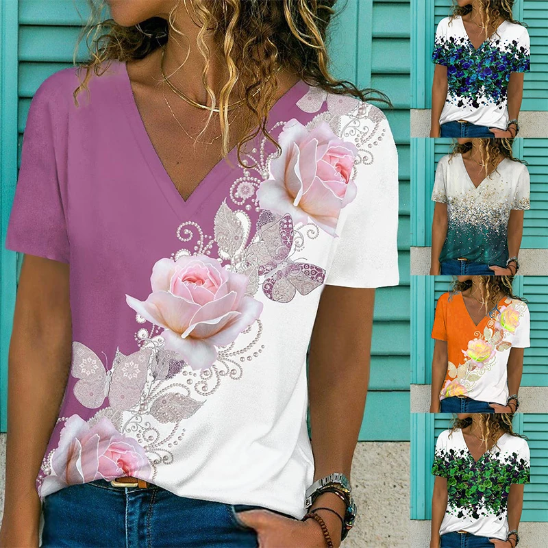 

2022 Summer Women's Floral Theme Painting T Shirt Color Block Print V Neck Basic Tops 3D Print Loosen