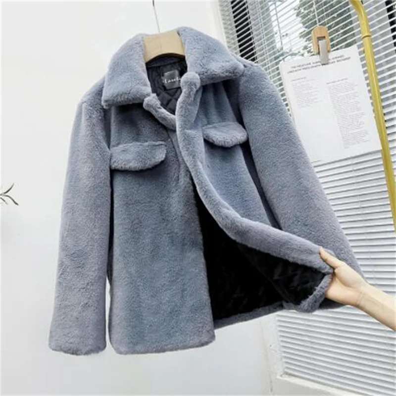 Imitation fur coat women's winter new korean lapel loose thick fur jackets pocket blue дубленка женская зимняя куртка зимняя жен