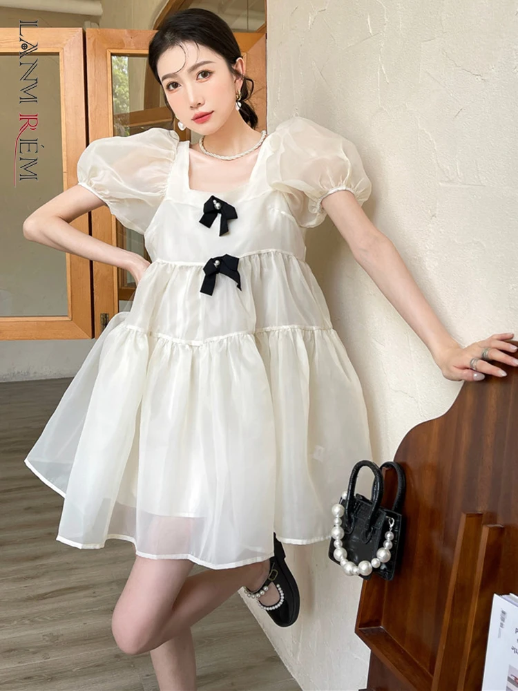 

LANMREM Mesh Layer Dress For Women Short Puff Sleeves 2022 Summer Square Collar Cute Light Dresses Female Cute Clothing 2R1911