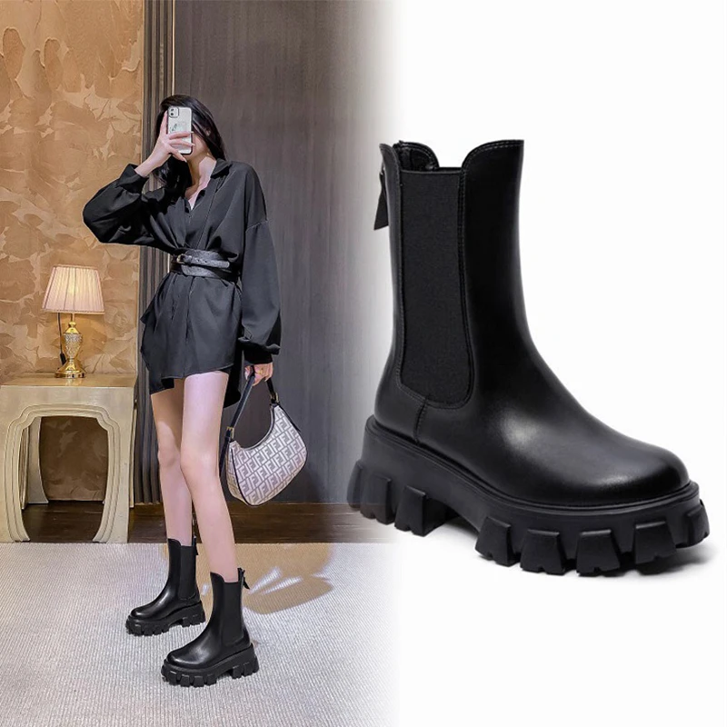 

Женские ботинки челси на толстой подошве, Черные ботильоны средней длины, Брендовая обувь, Размеры 33-42, для осени и зимы, 2022