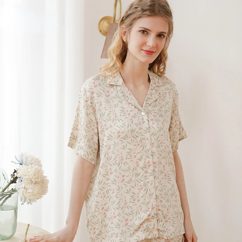 Long Sleeve Women Elegant Floral Printing Cotton for Spring Newest Lily of The Valley Pajamas Set Trousers Suits Sleepwear