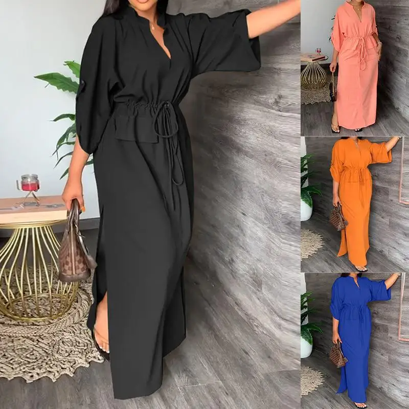 

2023 Autumn Women's Casual Fashion Stand Collar Split Long Dress Solid Dress