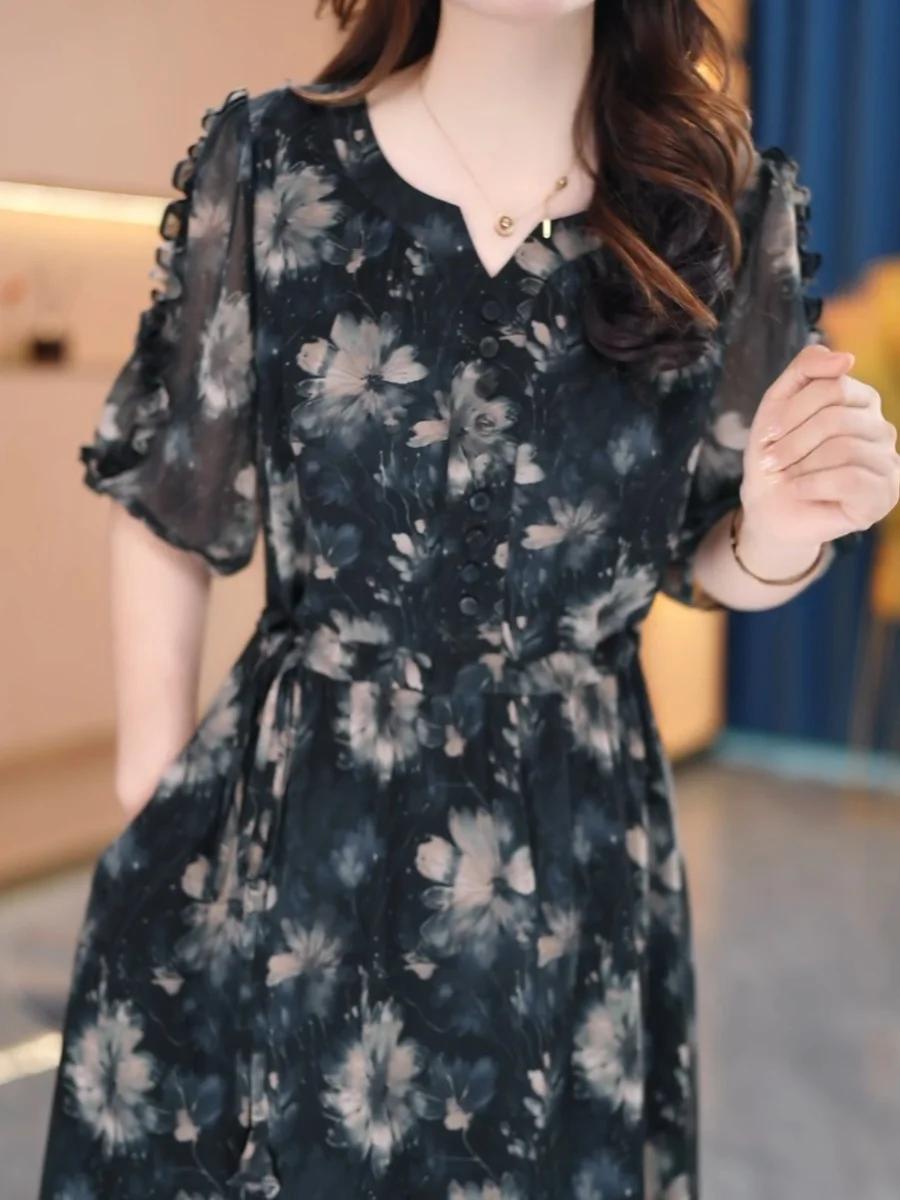 Accessible Luxury High-End Fashion Print Dress Women's 2025 New Arrival K-sle Silm Slim Looking Anti-Aging Mid-Length A- li... |