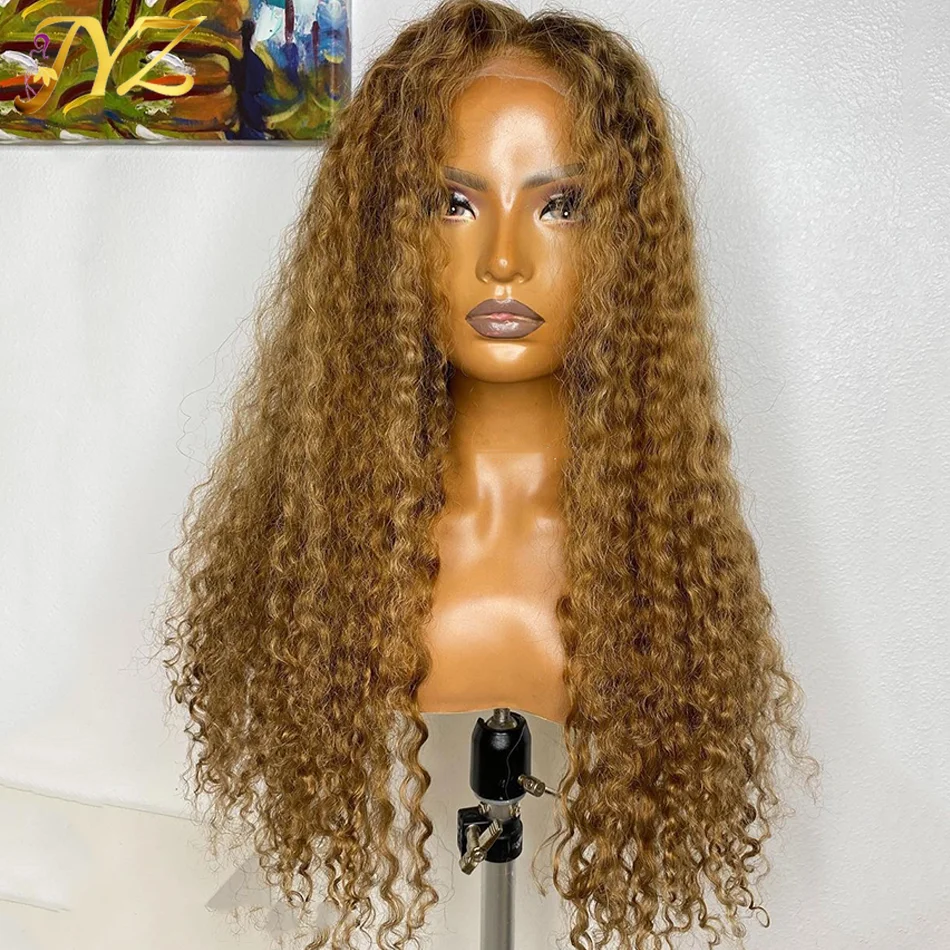 

Ombre Colored Honey Blonde Curly Lace Front Human Hair Wigs For Woman #27 Remy Virgin Mongolian 3B 3C Curl Lace Clsoure Wig JYZ