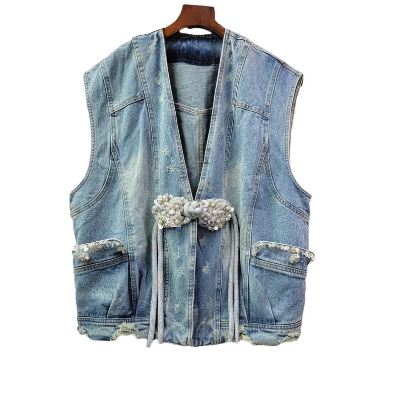 

Vintage Blue Denim Vest Women Cardigan Waistcoat V-Neck Cowboy Sleeveless Jacket Sequins Frayed Big Pocket Jeans Vests Female
