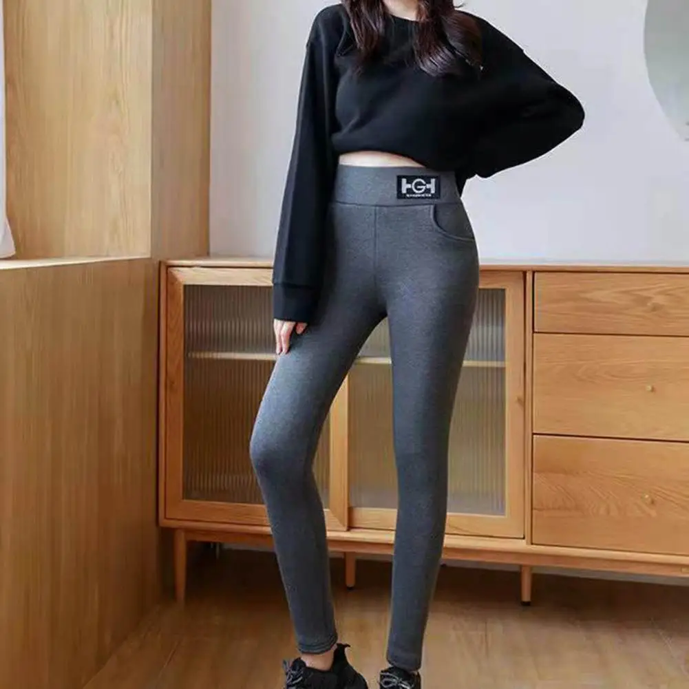 

Winter Women Leggings Slim Fit Solid Color High Waist Pockets Fleece Warm Thicken Soft Winter Pencil Pants for Home